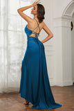 Rhinestone Lace Up Sheath Jersey Formal Evening Mermaid Dress With Slit Prom Party Dress
