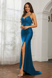 Rhinestone Lace Up Sheath Jersey Formal Evening Mermaid Dress With Slit Prom Party Dress