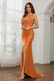 Rhinestone Lace Up Sheath Jersey Formal Evening Mermaid Dress With Slit Prom Party Dress
