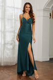 Rhinestone Lace Up Sheath Jersey Formal Evening Mermaid Dress With Slit Prom Party Dress