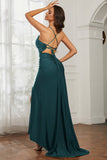 Rhinestone Lace Up Sheath Jersey Formal Evening Mermaid Dress With Slit Prom Party Dress