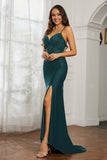 Rhinestone Lace Up Sheath Jersey Formal Evening Mermaid Dress With Slit Prom Party Dress