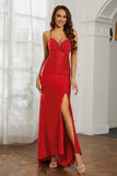 Rhinestone Lace Up Sheath Jersey Formal Evening Mermaid Dress With Slit Prom Party Dress