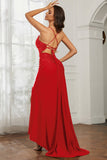 Rhinestone Lace Up Sheath Jersey Formal Evening Mermaid Dress With Slit Prom Party Dress