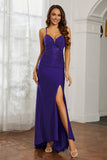 Rhinestone Lace Up Sheath Jersey Formal Evening Mermaid Dress With Slit Prom Party Dress
