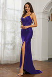 Rhinestone Lace Up Sheath Jersey Formal Evening Mermaid Dress With Slit Prom Party Dress