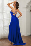 Rhinestone Lace Up Sheath Jersey Formal Evening Mermaid Dress With Slit Prom Party Dress