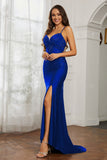 Rhinestone Lace Up Sheath Jersey Formal Evening Mermaid Dress With Slit Prom Party Dress