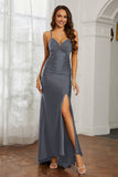 Rhinestone Lace Up Sheath Jersey Formal Evening Mermaid Dress With Slit Prom Party Dress