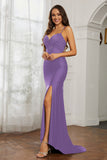 Rhinestone Lace Up Sheath Jersey Formal Evening Mermaid Dress With Slit Prom Party Dress