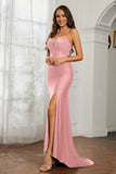 Rhinestone Lace Up Sheath Jersey Formal Evening Mermaid Dress With Slit Prom Party Dress
