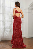 Sequins Mermaid Sweep Train Formal Evening Dress With Open Back Prom Party Gowns