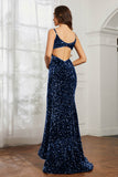 Sequins Mermaid Sweep Train Formal Evening Dress With Open Back Prom Party Gowns