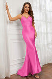 Spaghetti Straps Applique Mermaid Satin Sweep Train Formal Evening Gown Prom Party Dresses