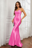 Spaghetti Straps Applique Mermaid Satin Sweep Train Formal Evening Gown Prom Party Dresses