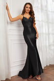 Spaghetti Straps Applique Mermaid Satin Sweep Train Formal Evening Gown Prom Party Dresses