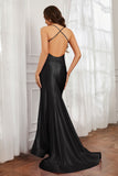 Spaghetti Straps Applique Mermaid Satin Sweep Train Formal Evening Gown Prom Party Dresses