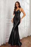 Spaghetti Straps Applique Mermaid Satin Sweep Train Formal Evening Gown Prom Party Dresses
