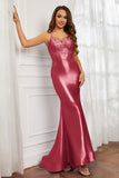 Spaghetti Straps Applique Mermaid Satin Sweep Train Formal Evening Gown Prom Party Dresses