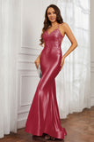 Spaghetti Straps Applique Mermaid Satin Sweep Train Formal Evening Gown Prom Party Dresses