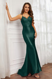 Spaghetti Straps Applique Mermaid Satin Sweep Train Formal Evening Gown Prom Party Dresses