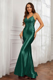 Spaghetti Straps Applique Mermaid Satin Sweep Train Formal Evening Gown Prom Party Dresses