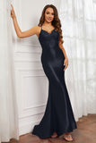 Spaghetti Straps Applique Mermaid Satin Sweep Train Formal Evening Gown Prom Party Dresses