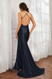 Spaghetti Straps Applique Mermaid Satin Sweep Train Formal Evening Gown Prom Party Dresses