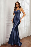 Spaghetti Straps Applique Mermaid Satin Sweep Train Formal Evening Gown Prom Party Dresses