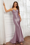 Spaghetti Straps Applique Mermaid Satin Sweep Train Formal Evening Gown Prom Party Dresses