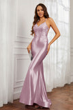 Spaghetti Straps Applique Mermaid Satin Sweep Train Formal Evening Gown Prom Party Dresses