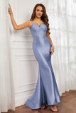 Spaghetti Straps Applique Mermaid Satin Sweep Train Formal Evening Gown Prom Party Dresses