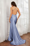 Spaghetti Straps Applique Mermaid Satin Sweep Train Formal Evening Gown Prom Party Dresses