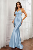 Spaghetti Straps Applique Mermaid Satin Sweep Train Formal Evening Gown Prom Party Dresses