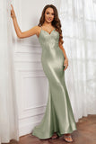 Spaghetti Straps Applique Mermaid Satin Sweep Train Formal Evening Gown Prom Party Dresses