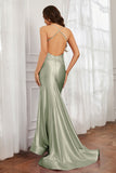 Spaghetti Straps Applique Mermaid Satin Sweep Train Formal Evening Gown Prom Party Dresses