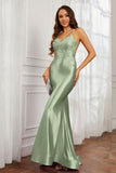 Spaghetti Straps Applique Mermaid Satin Sweep Train Formal Evening Gown Prom Party Dresses