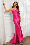 Spaghetti Straps Applique Mermaid Satin Sweep Train Formal Evening Gown Prom Party Dresses