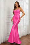 Spaghetti Straps Applique Mermaid Satin Sweep Train Formal Evening Gown Prom Party Dresses
