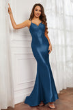 Spaghetti Straps Applique Mermaid Satin Sweep Train Formal Evening Gown Prom Party Dresses