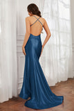 Spaghetti Straps Applique Mermaid Satin Sweep Train Formal Evening Gown Prom Party Dresses