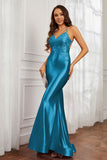 Spaghetti Straps Applique Mermaid Satin Sweep Train Formal Evening Gown Prom Party Dresses