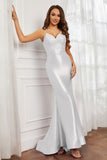 Spaghetti Straps Applique Mermaid Satin Sweep Train Formal Evening Gown Prom Party Dresses