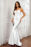 Spaghetti Straps Applique Mermaid Satin Sweep Train Formal Evening Gown Prom Party Dresses