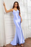 Spaghetti Straps Applique Mermaid Satin Sweep Train Formal Evening Gown Prom Party Dresses