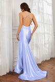 Spaghetti Straps Applique Mermaid Satin Sweep Train Formal Evening Gown Prom Party Dresses