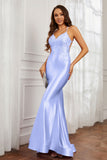 Spaghetti Straps Applique Mermaid Satin Sweep Train Formal Evening Gown Prom Party Dresses