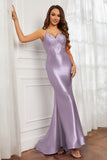 Spaghetti Straps Applique Mermaid Satin Sweep Train Formal Evening Gown Prom Party Dresses
