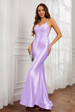 Spaghetti Straps Applique Mermaid Satin Sweep Train Formal Evening Gown Prom Party Dresses