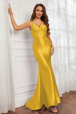 Spaghetti Straps Applique Mermaid Satin Sweep Train Formal Evening Gown Prom Party Dresses